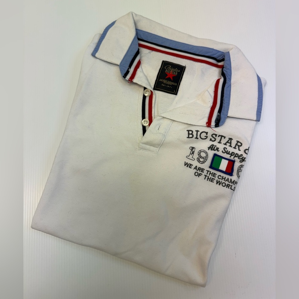 T329- Big Star White Polo Shirt with Blue and Red Accents